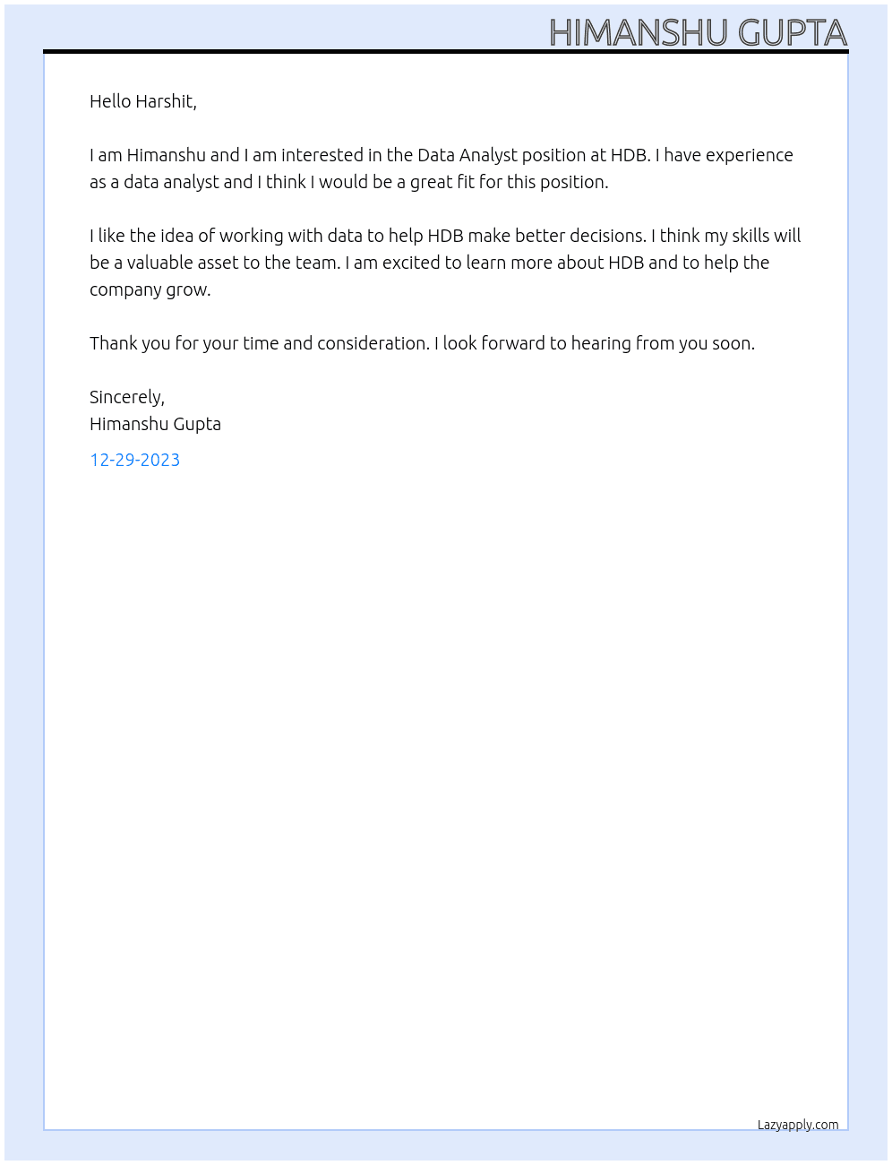 data analyst At hdb Cover Letter
