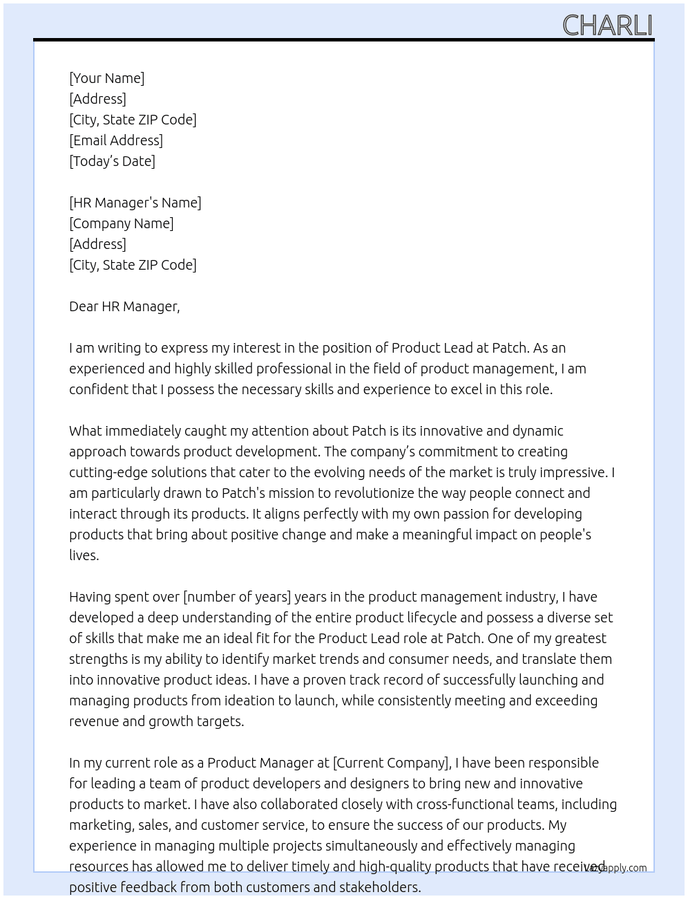 product lead At patch Cover Letter