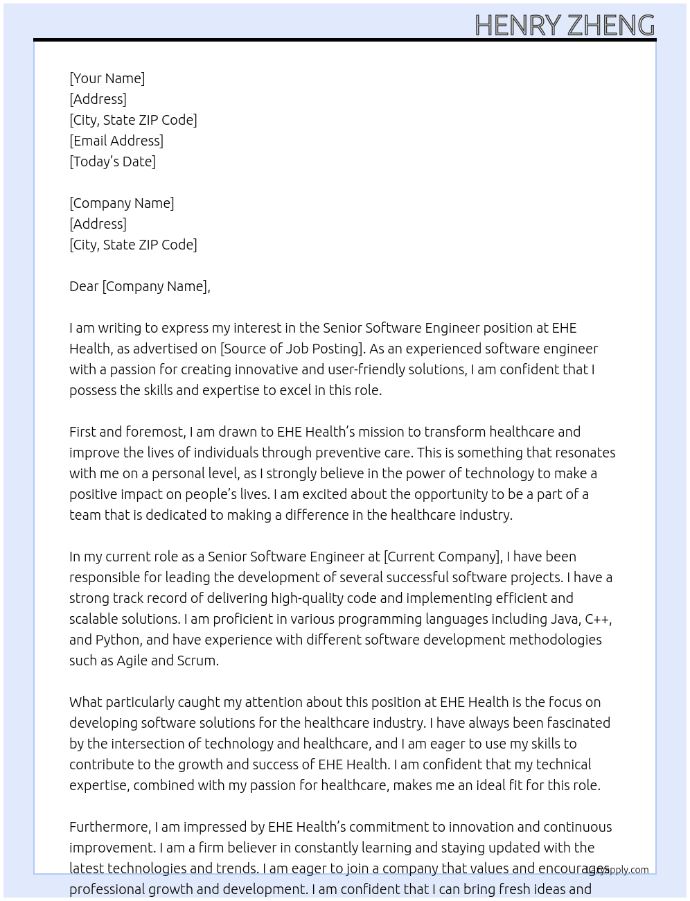 Senior Software Engineer At EHE Health Cover Letter