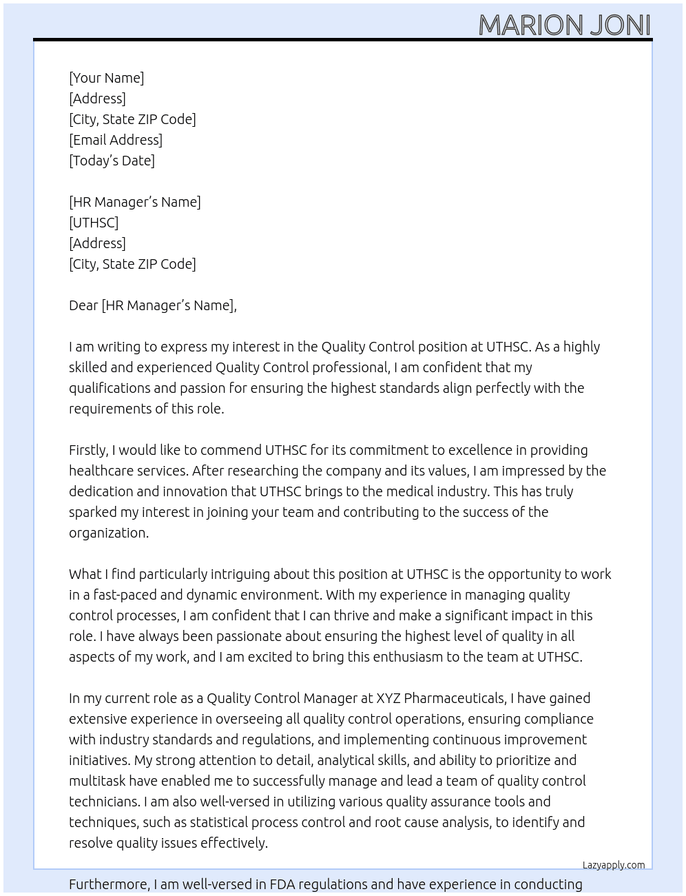 Quality Control At UTHSC Cover Letter