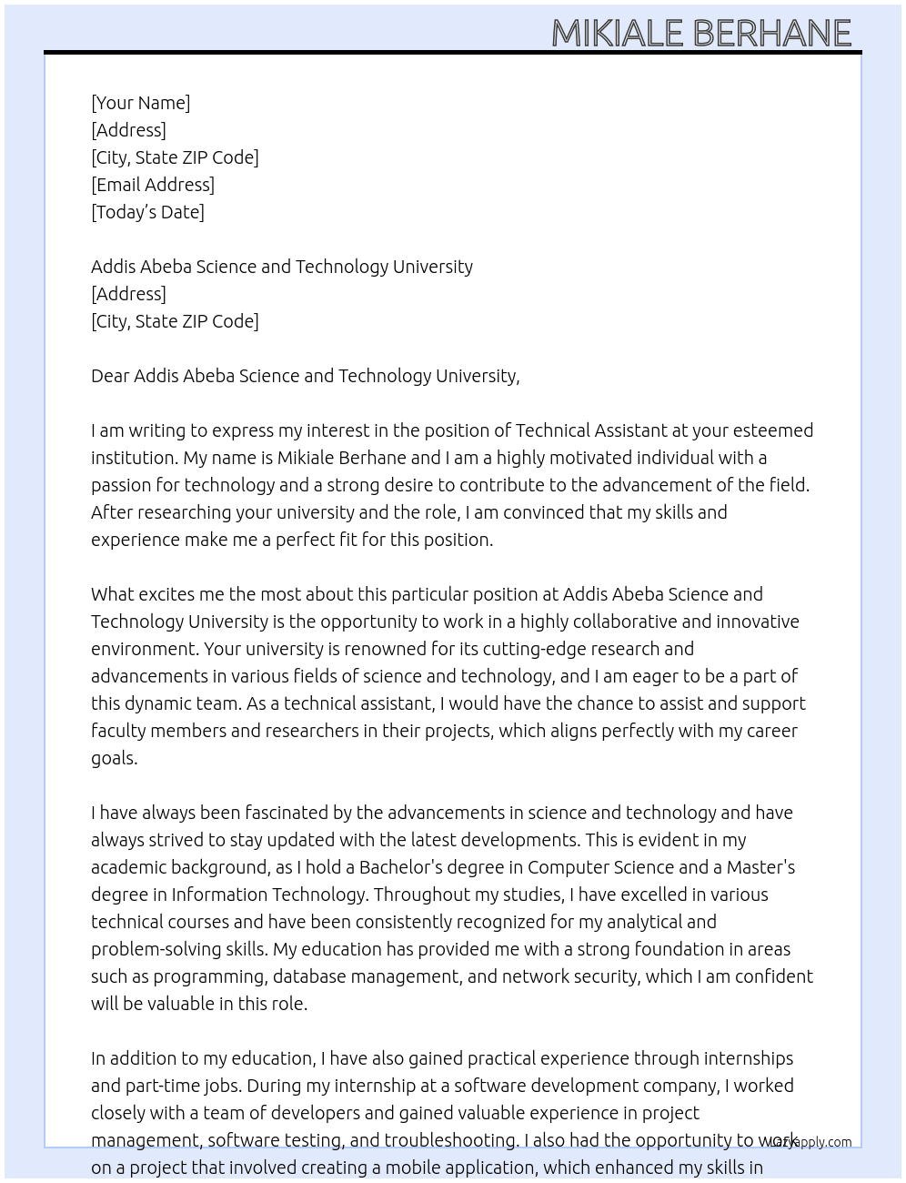 Technical assistant At Addis Abeba science and technology university Cover Letter