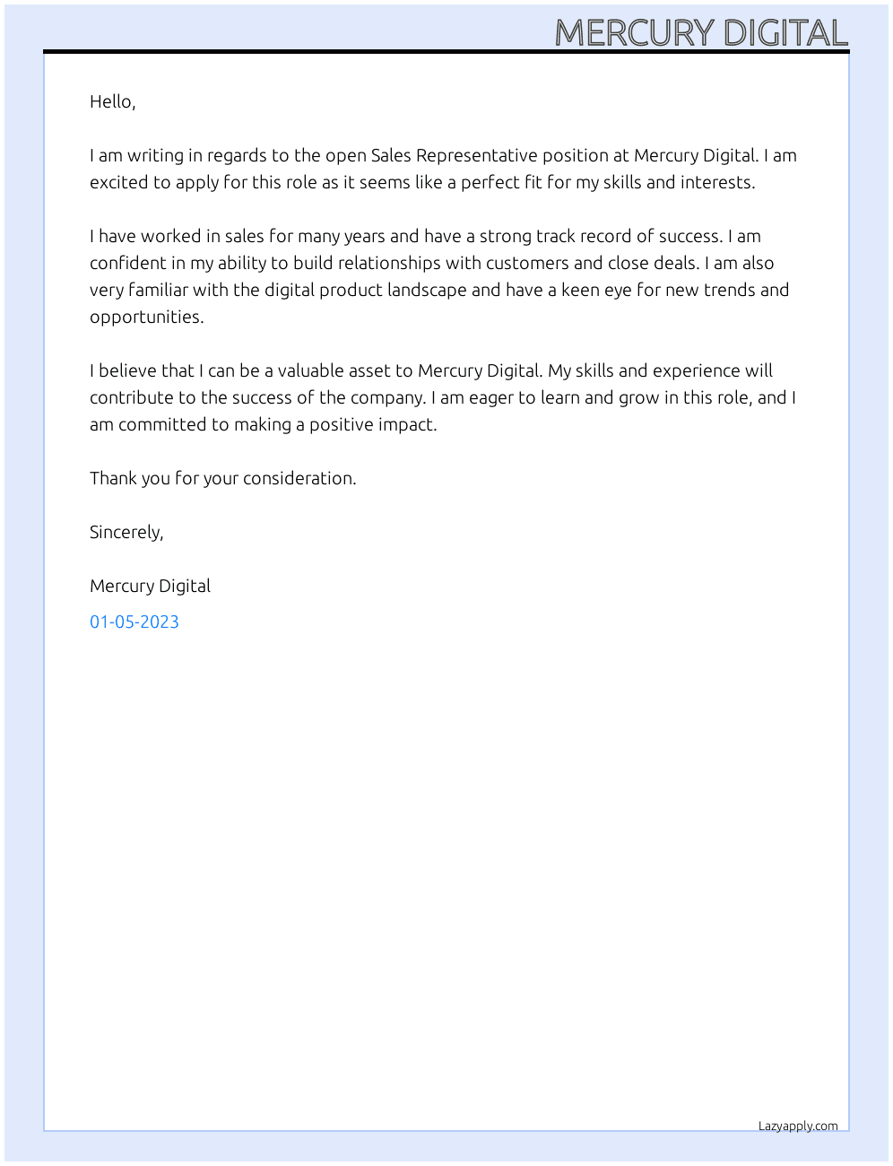 Sales Representative At Mercury Digital Cover Letter