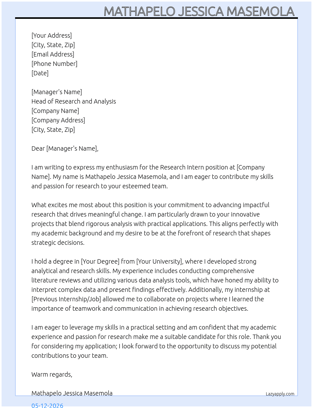Research intern  At Head of rereach and analysis  Cover Letter