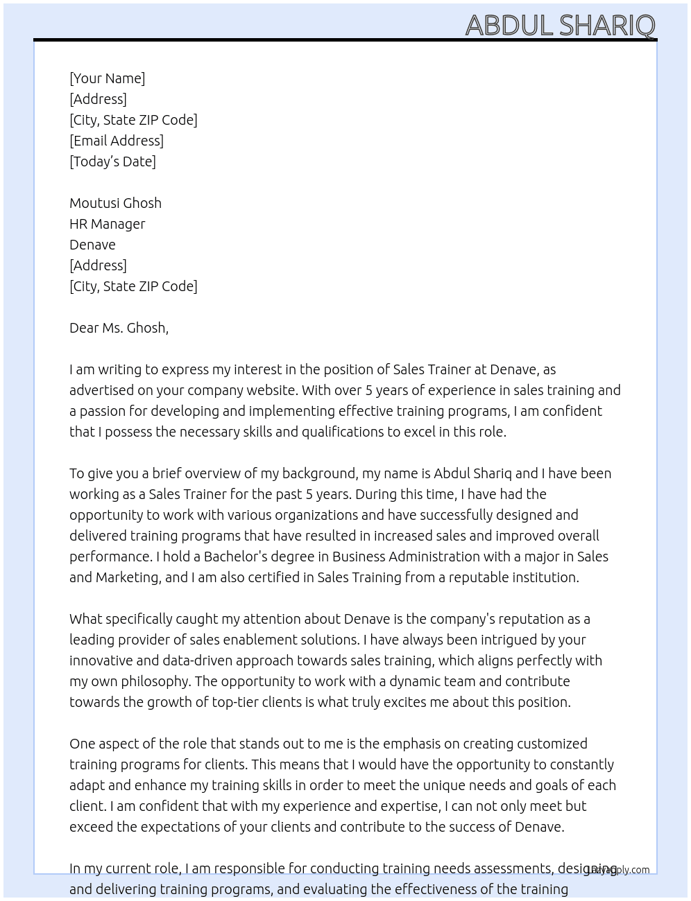 Sales Trainer At Denave Cover Letter