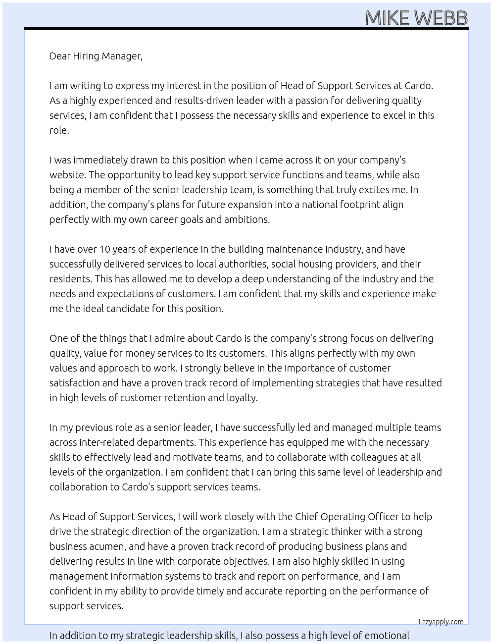 Head of Support Services At Cardo Cover Letter