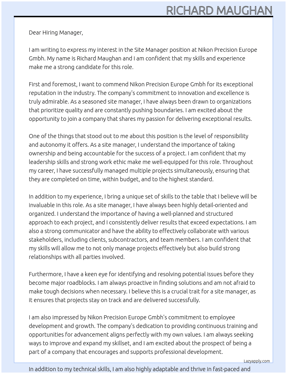 Site manager At Nikon Precision Europe Gmbh Cover Letter