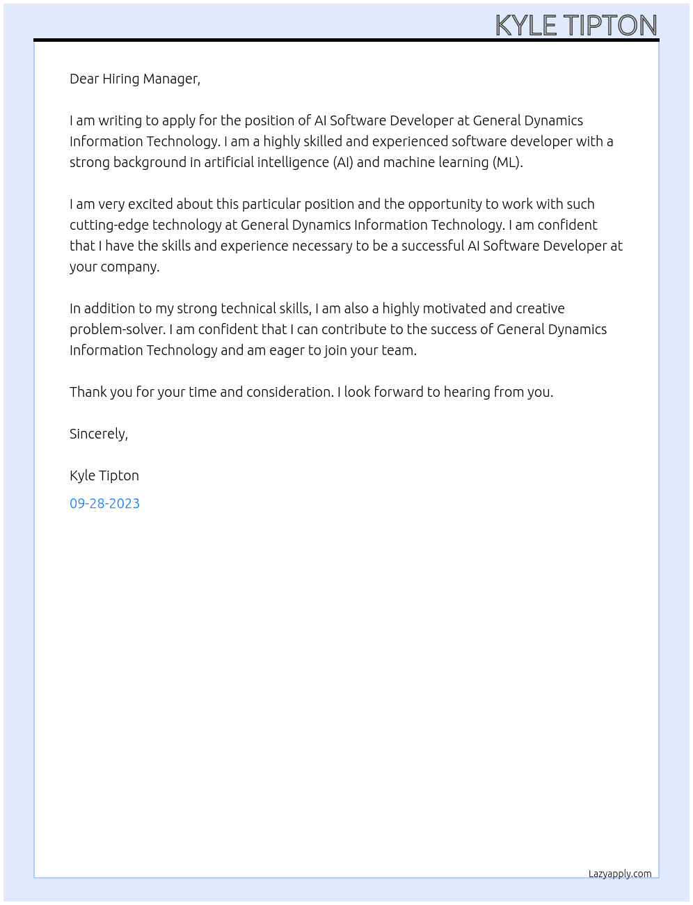 AI Software Developer At General Dynamics Information Technology Cover Letter