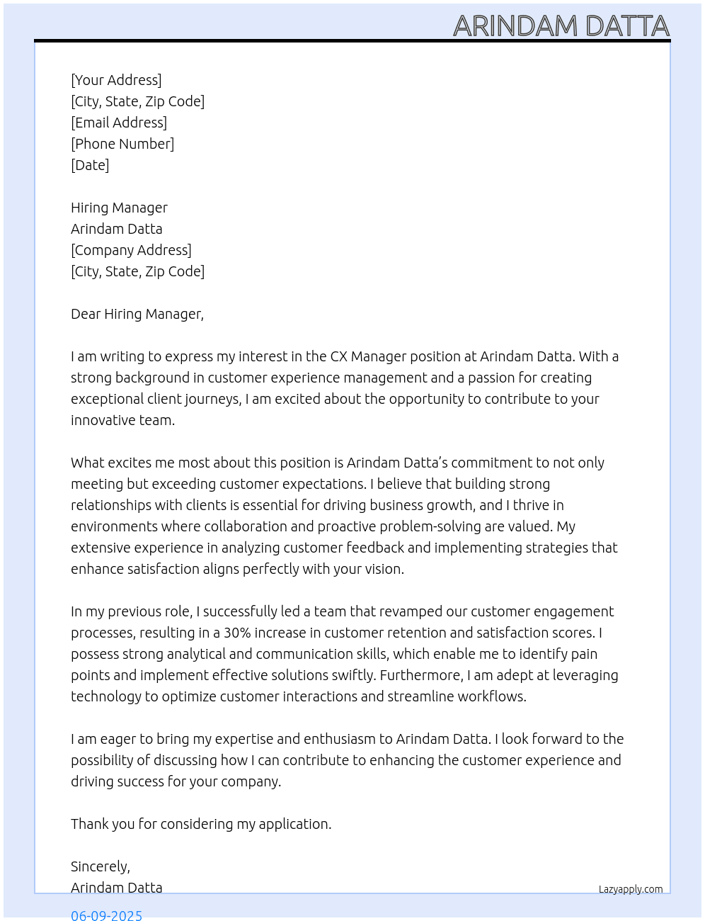 CX Manager At Arindam Datta Cover Letter