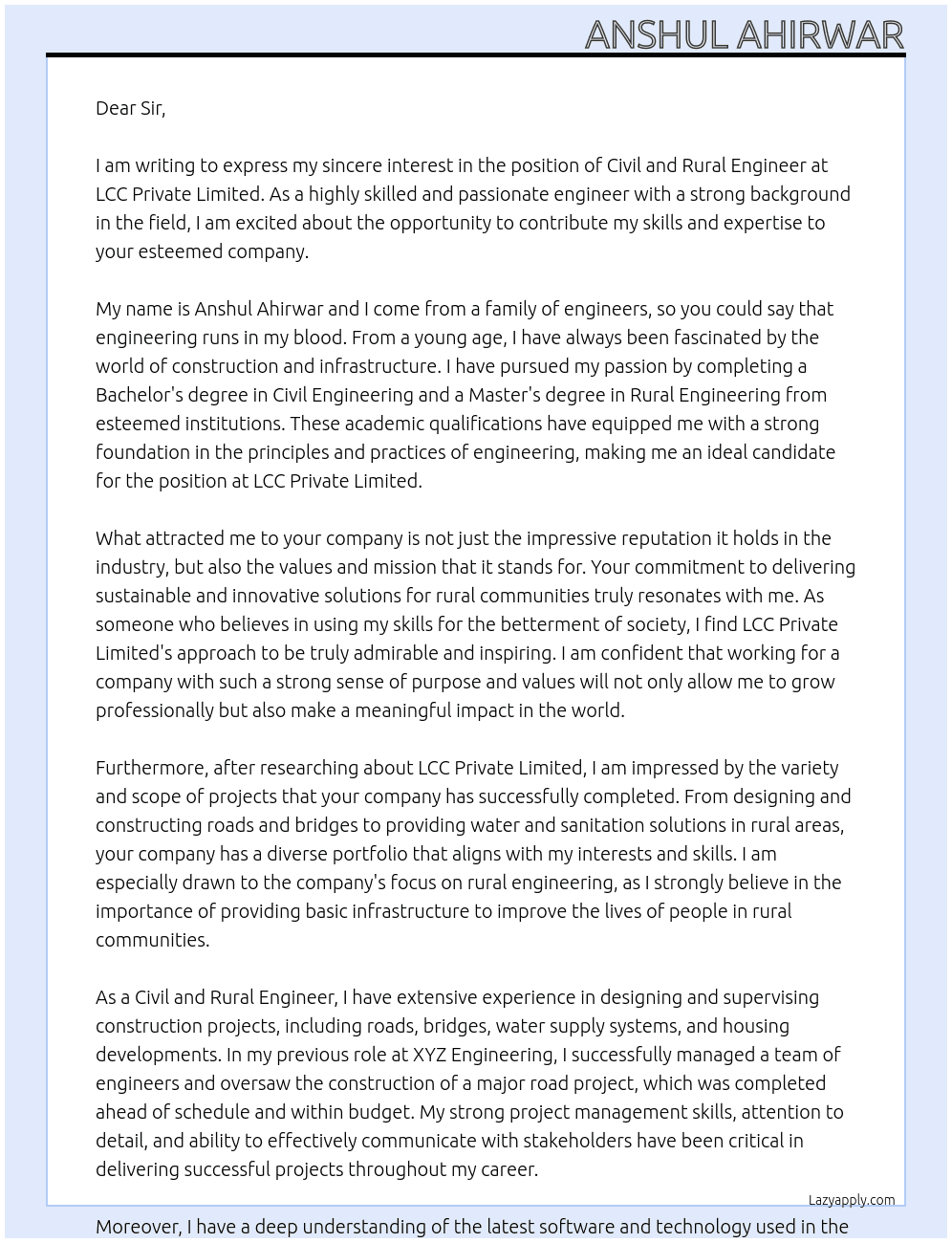 Civil and rural engineer  At LCC private limited  Cover Letter