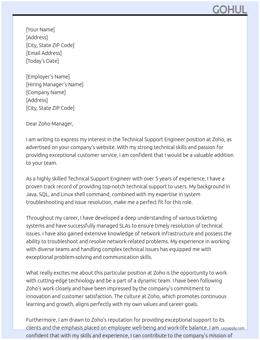 technical support engineer  At Zoho Cover Letter