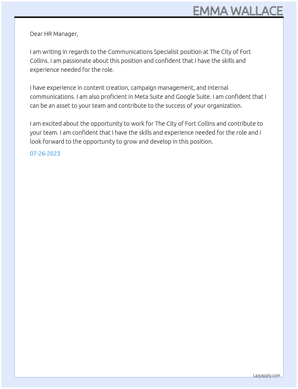 Communications Specialist At The City of Fort Collins Cover Letter