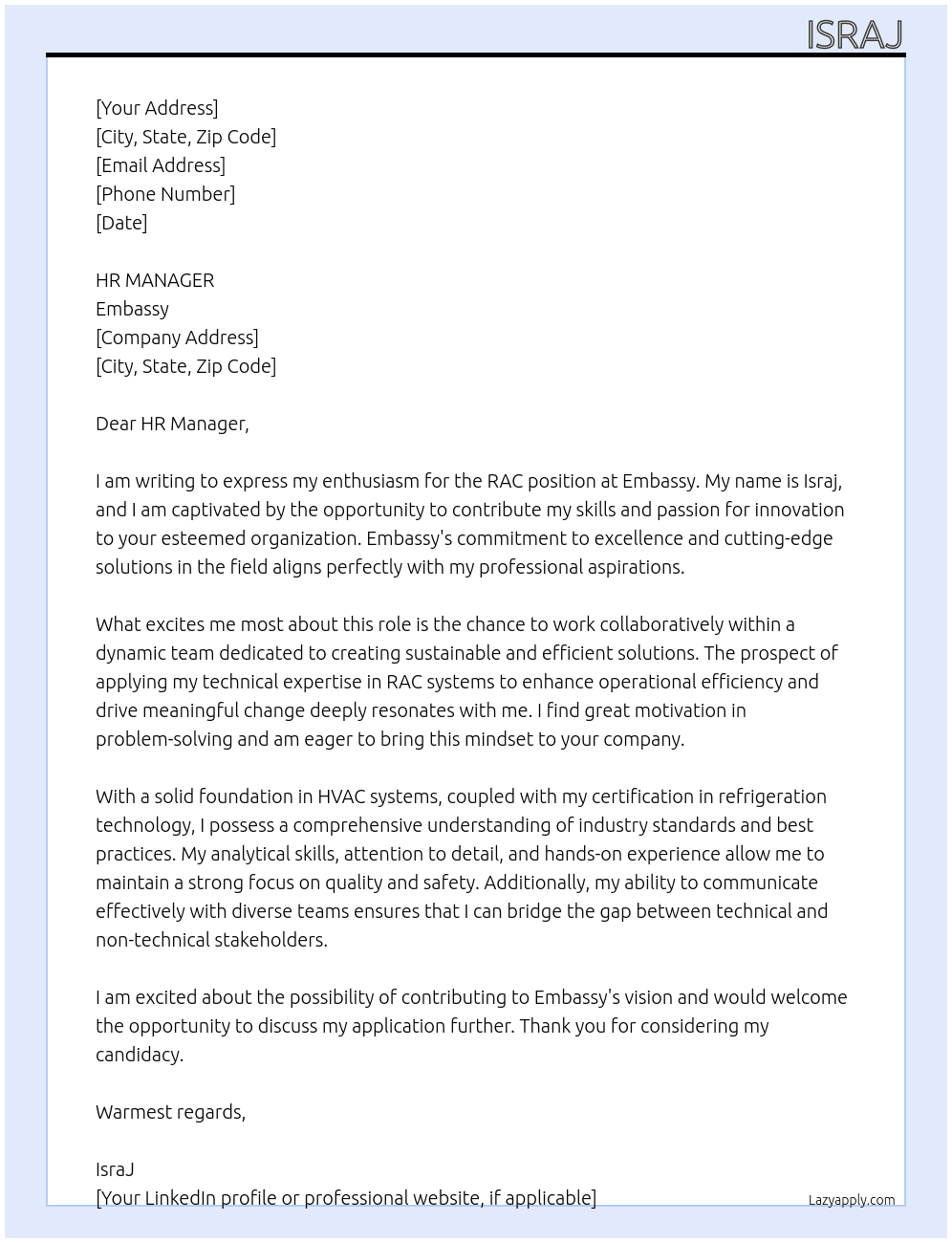 RAC  At Embassy Cover Letter