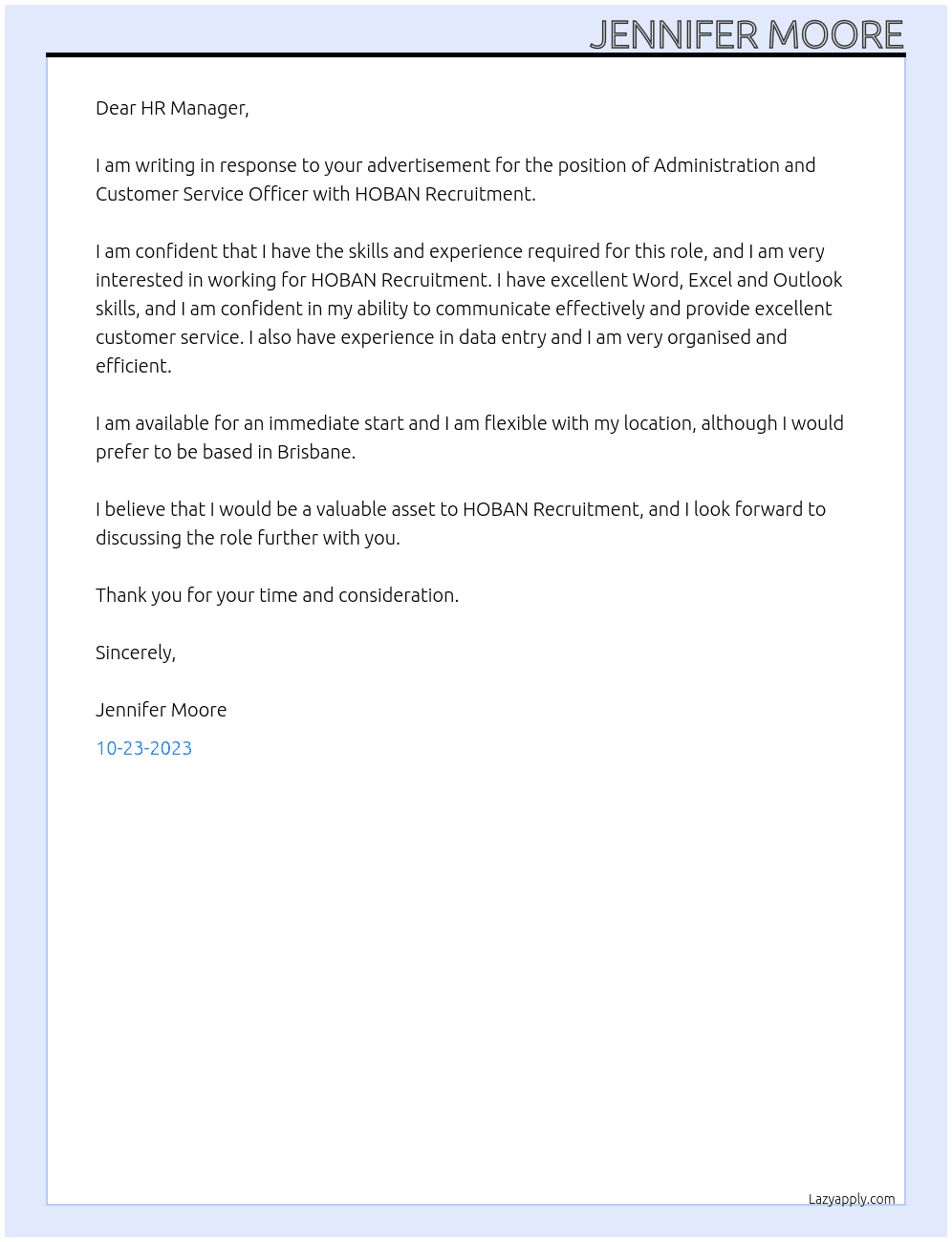 ADMINISTRATION AND CUSTOMER SERVICE OFFICER At HOBAN Recruitment Cover Letter