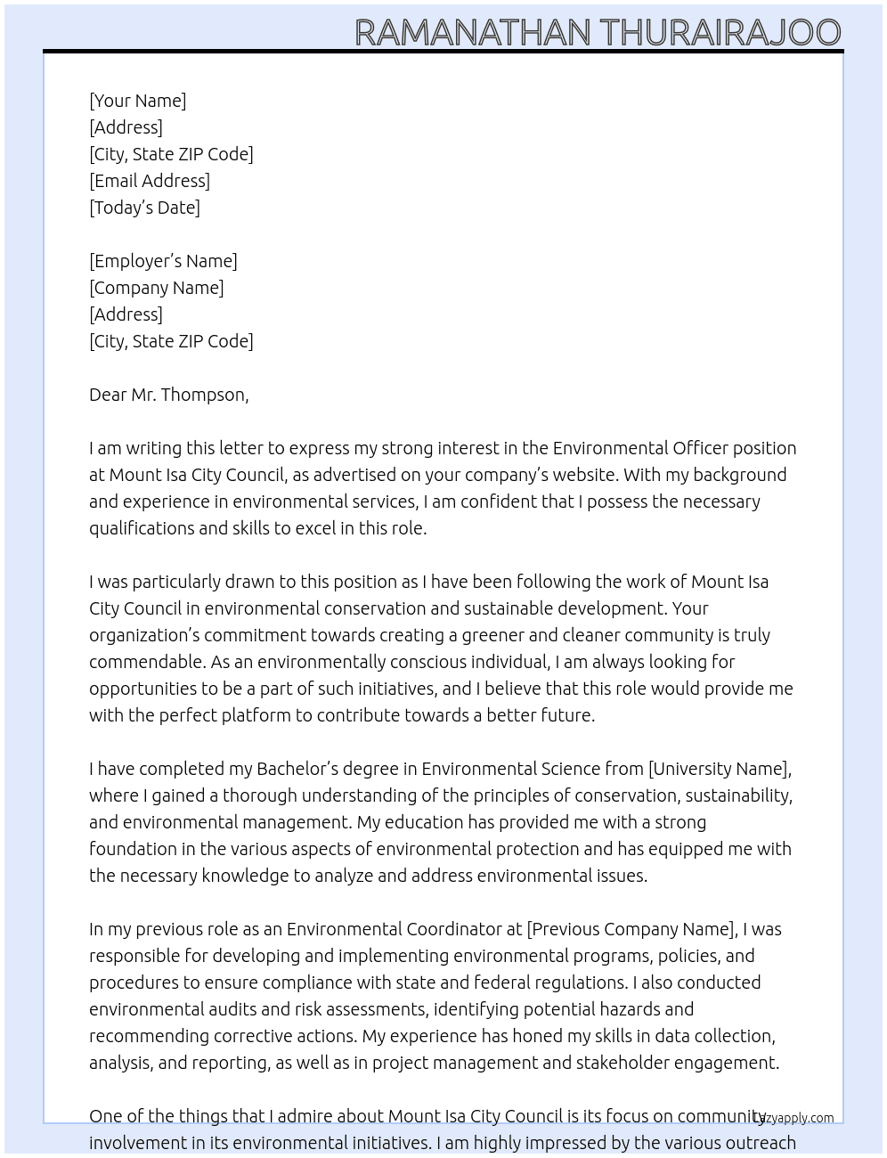Environmental Officer At Mount Isa City Council  Cover Letter