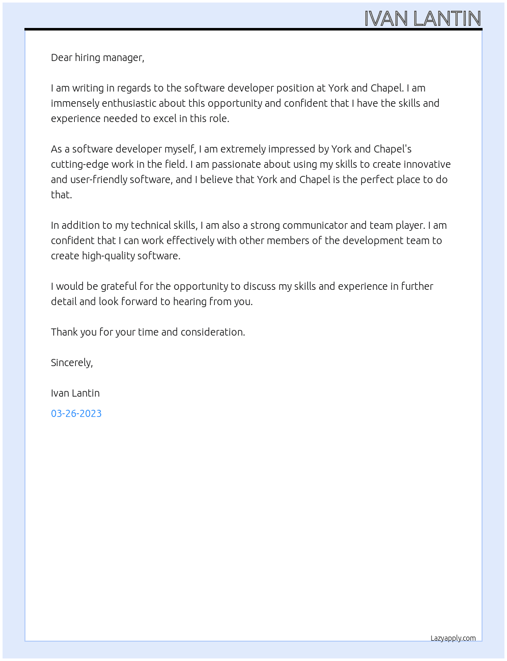 software developerr At york and chapel Cover Letter