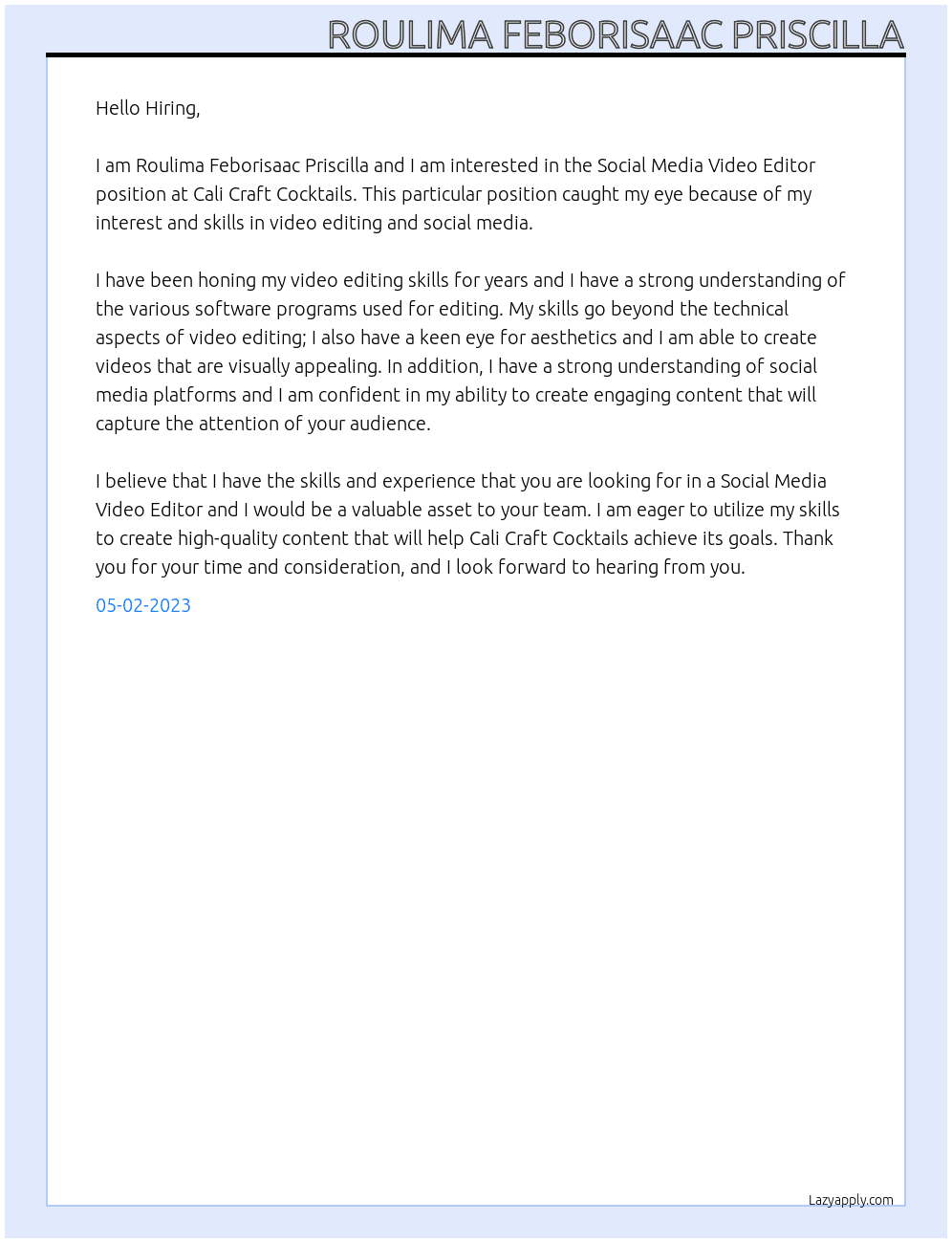 Social Media Video Editor At Cali Craft Cocktails  Cover Letter