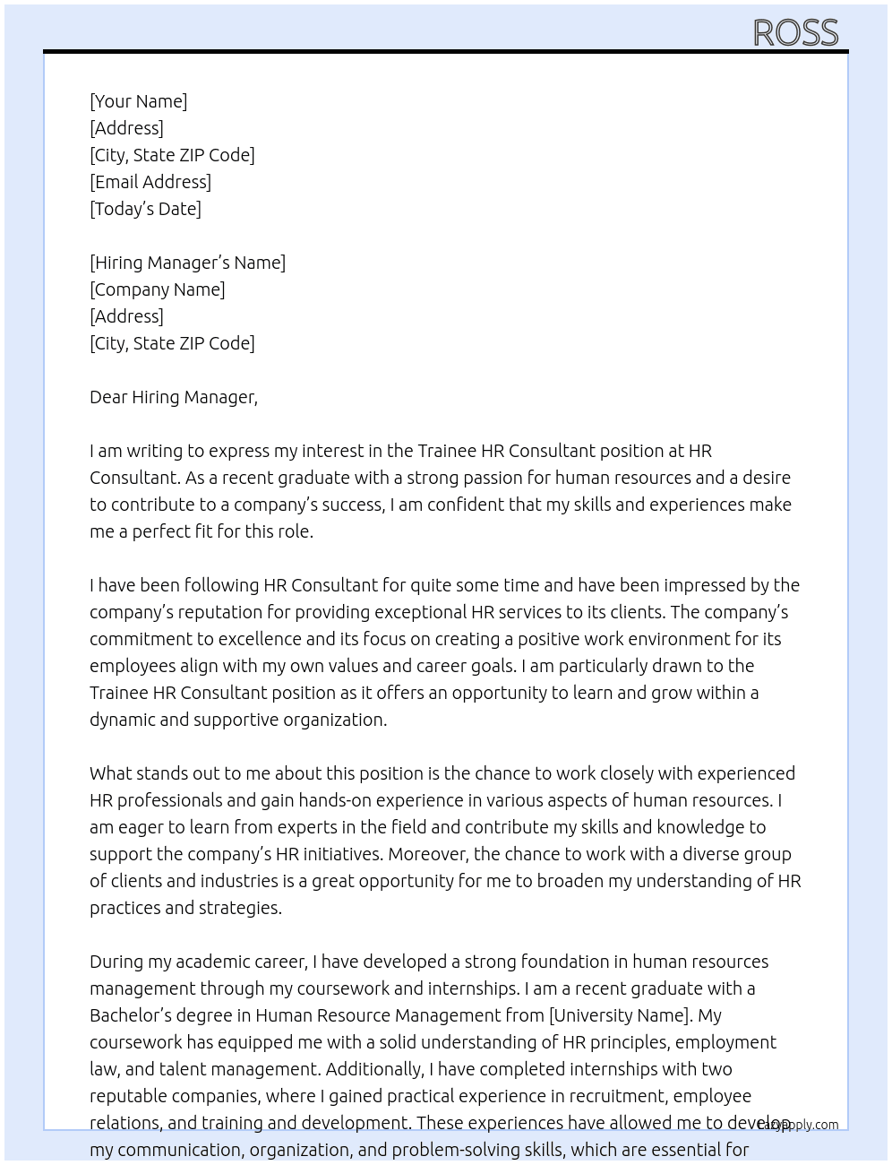 Trainee HR Consultant  At HR Consultant  Cover Letter