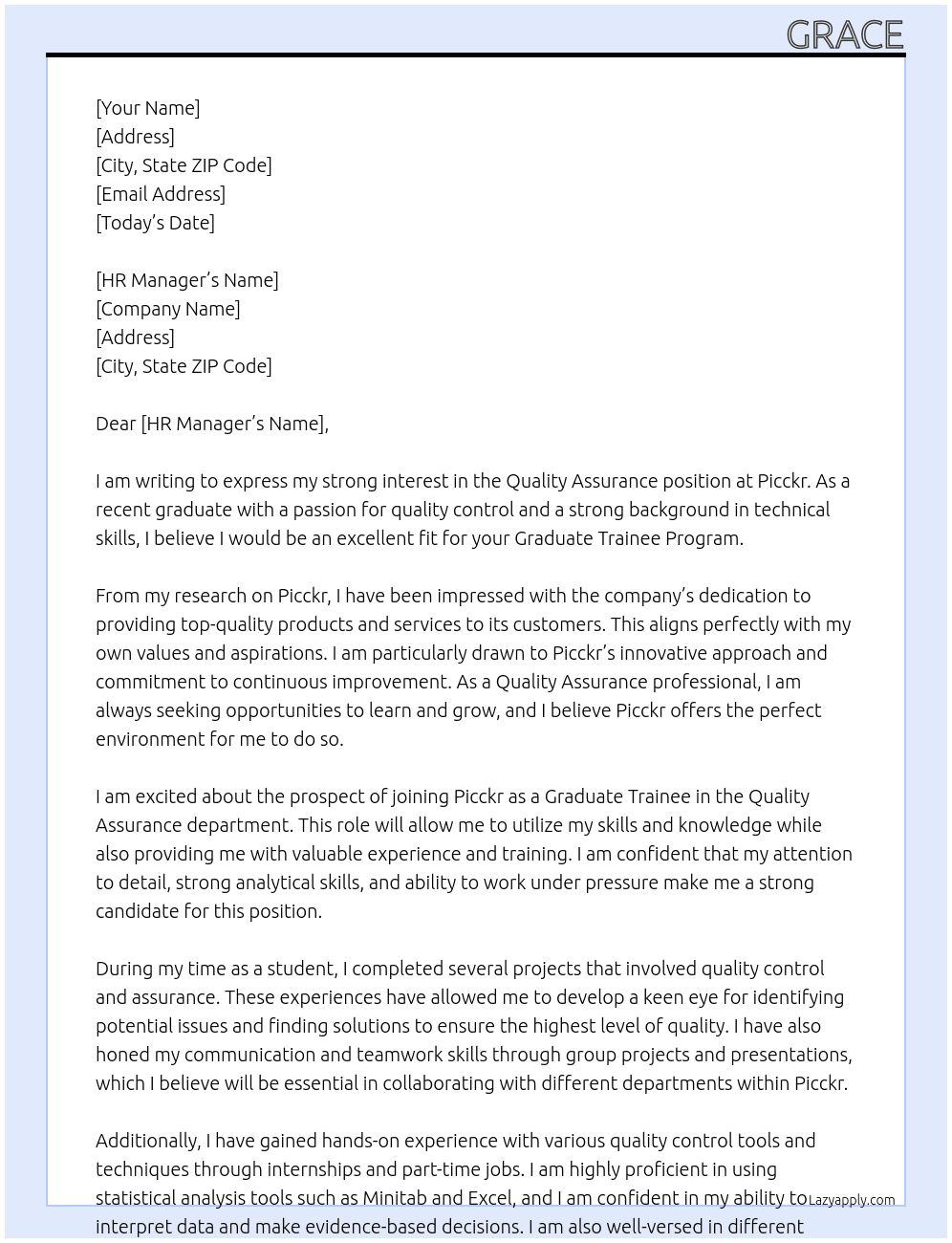 Quality assurance  At Picckr Cover Letter