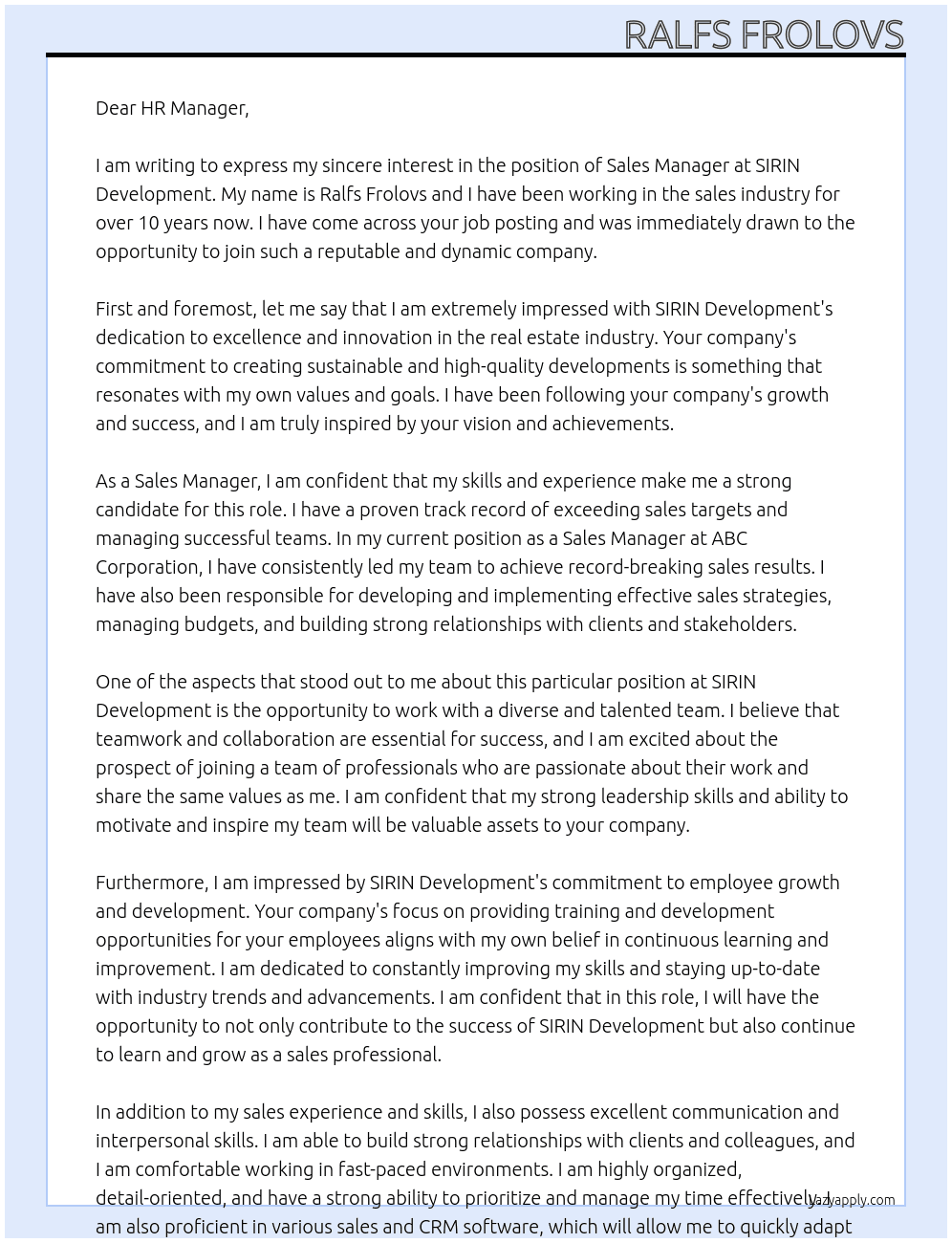Sales Manager At SIRIN Development Cover Letter