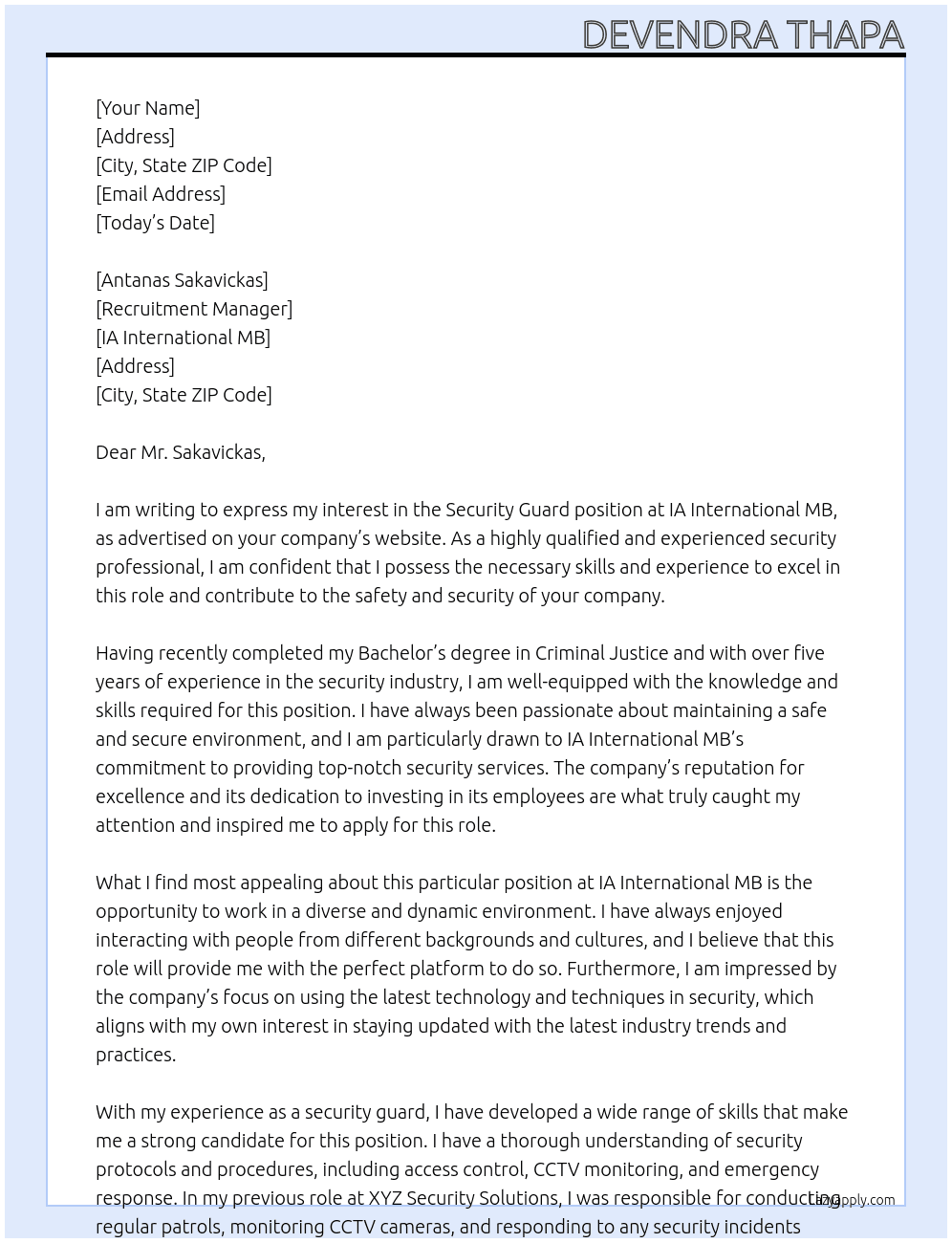Security Guard At  Ia international MB Cover Letter