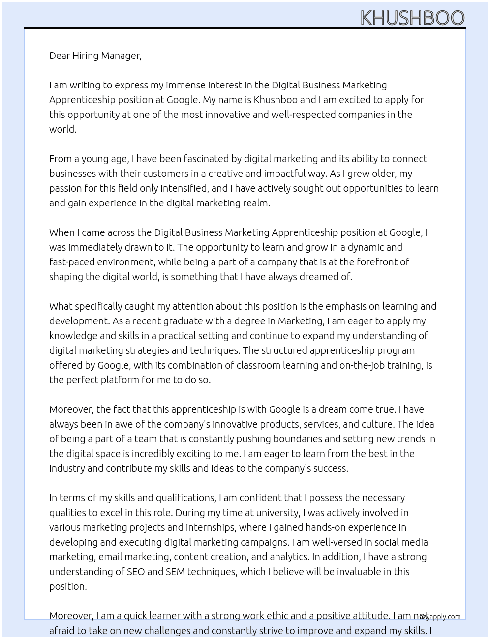 digital business marketing apprenticeship  At Google  Cover Letter