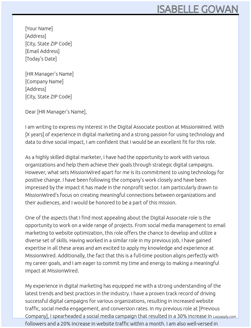 Digital Associate At MissionWired Cover Letter