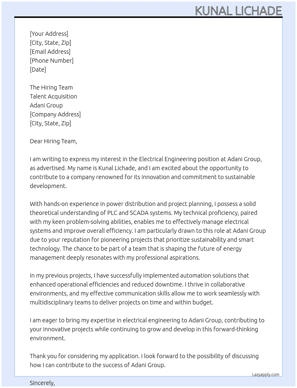 Electrical engineering  At Adani group  Cover Letter
