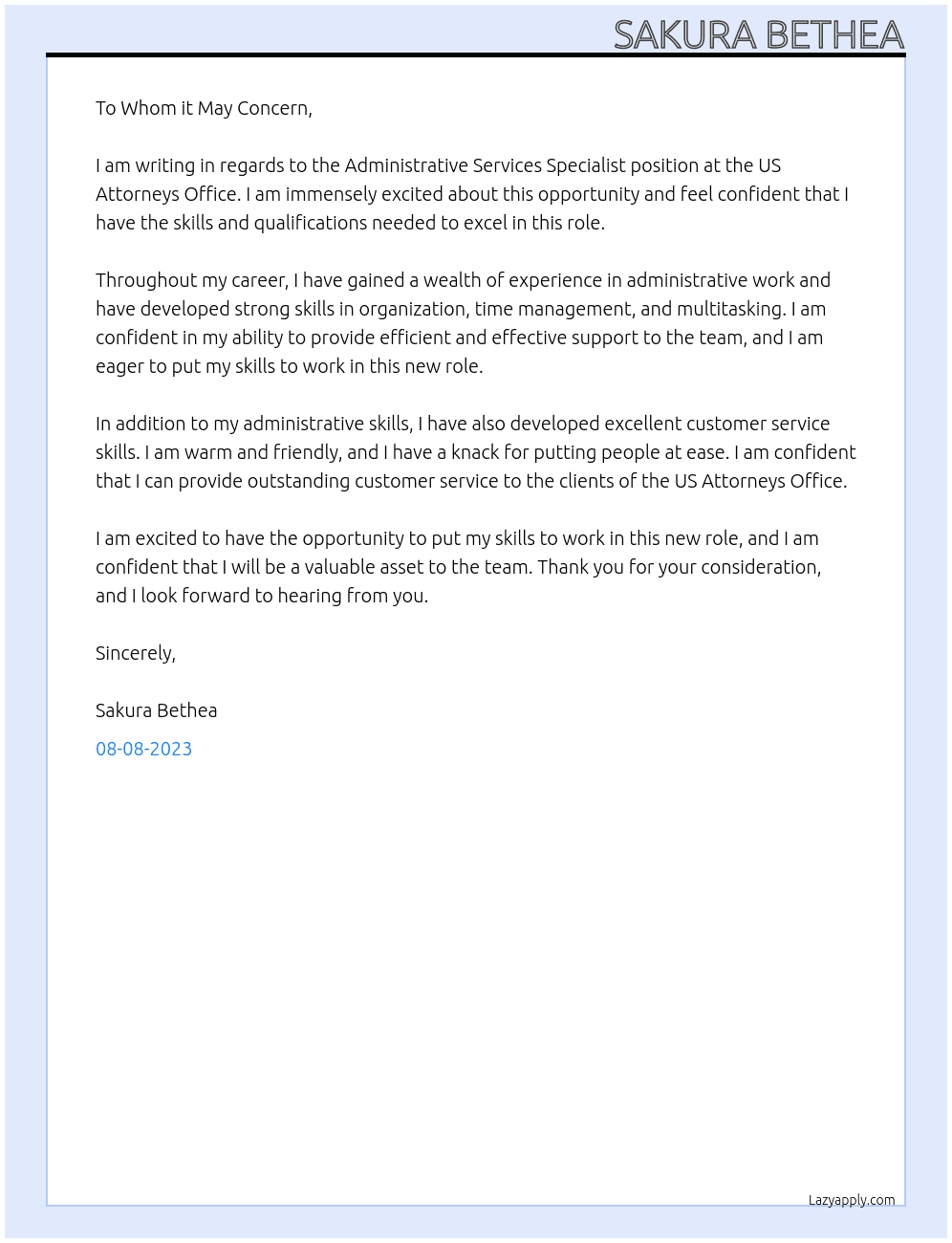 administrative services specialist At US Attorneys Office Cover Letter
