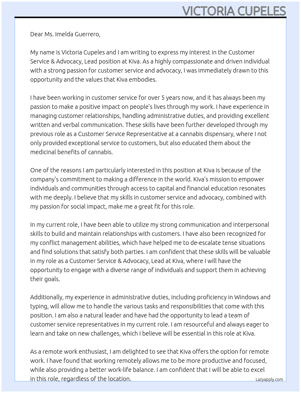 Customer Service & Advocacy, Lead At Kiva Cover Letter