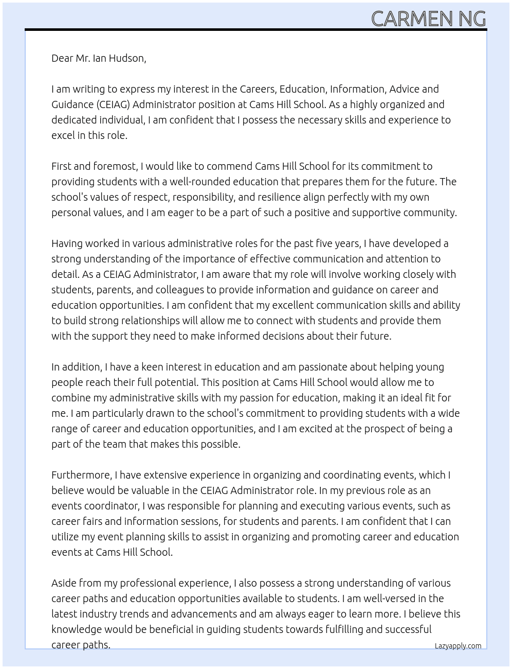Careers, Education, Information, Advice and Guidance (CEIAG) Administrator At Cams Hill School Cover Letter
