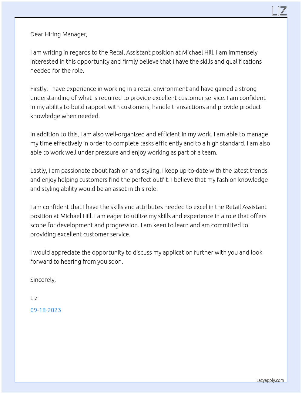 Retail Assistant At Michael Hill Cover Letter