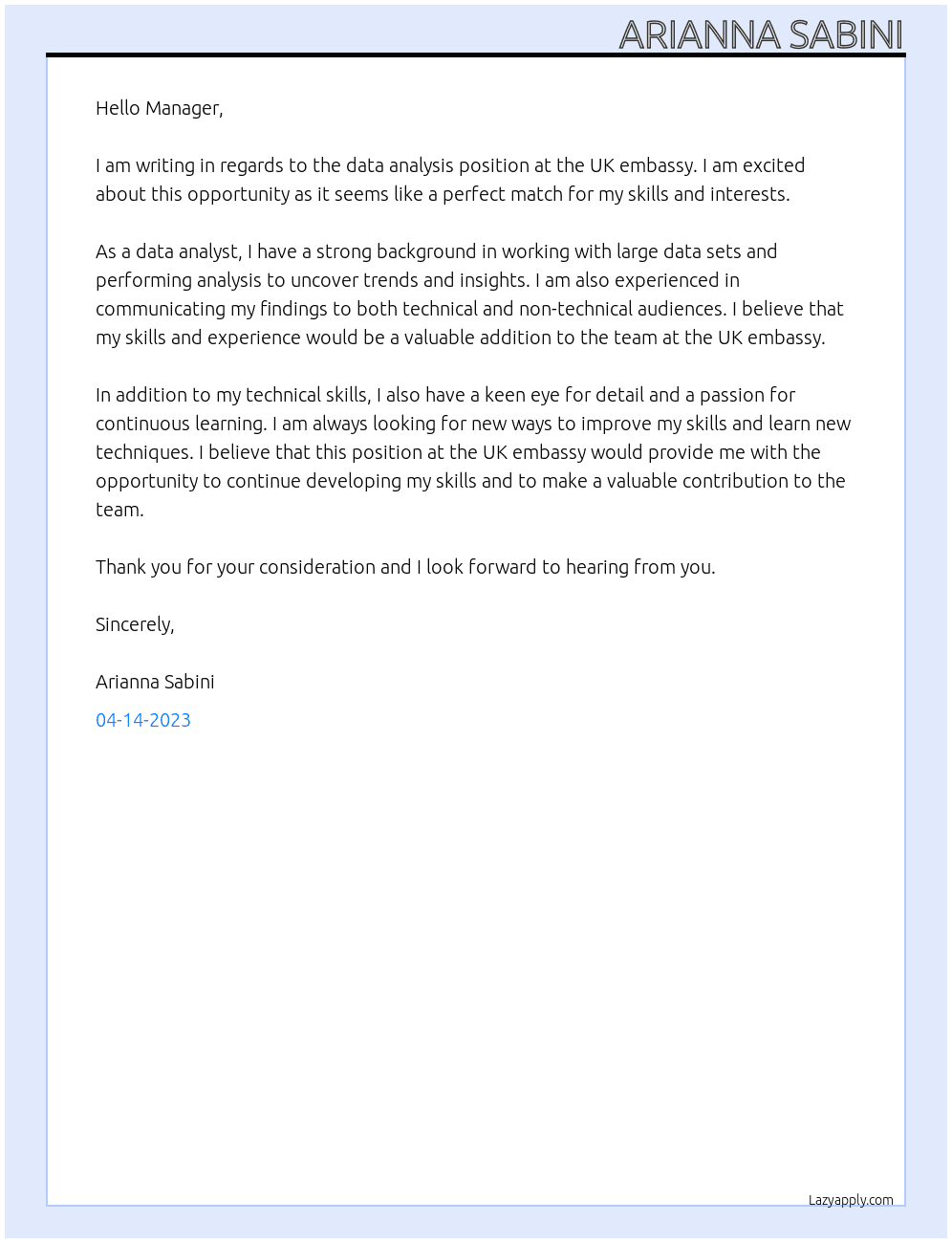 data analysis At UK embassy Cover Letter