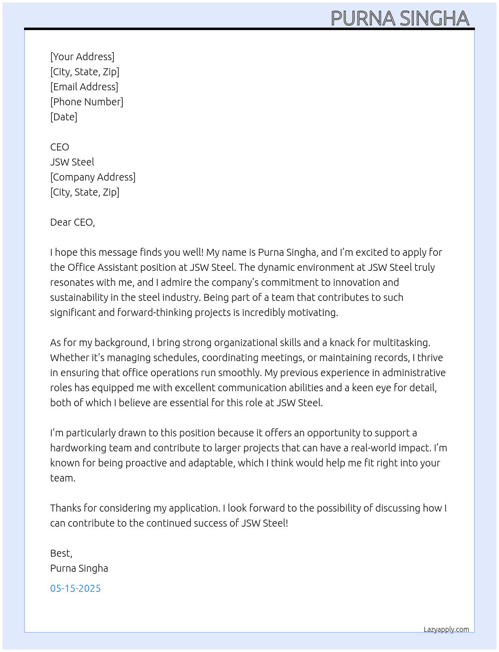 Office assistant  At Jsw Steel  Cover Letter