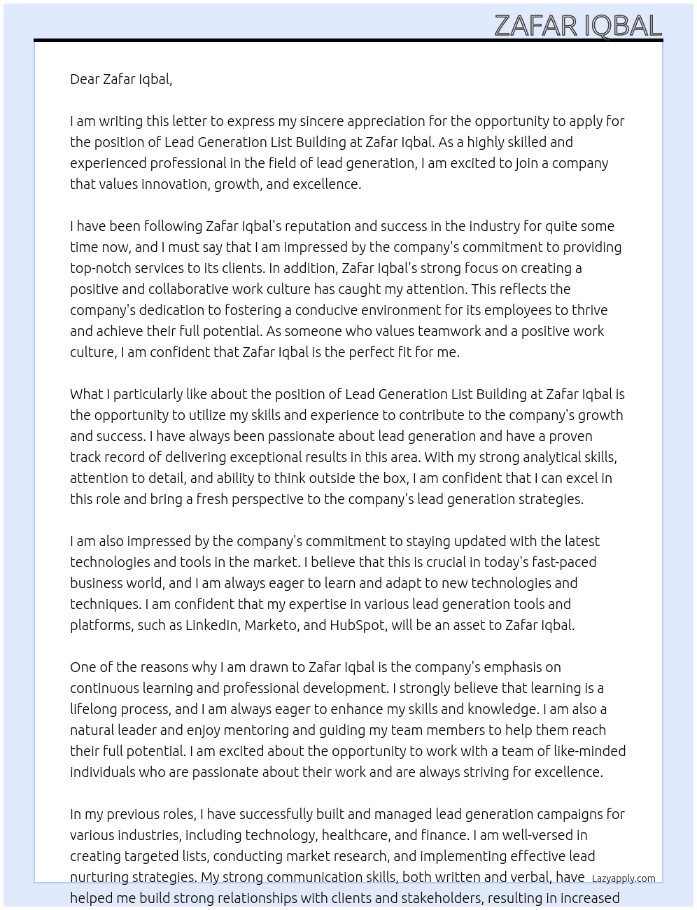 Lead generation list building At Zafar Iqbal Cover Letter