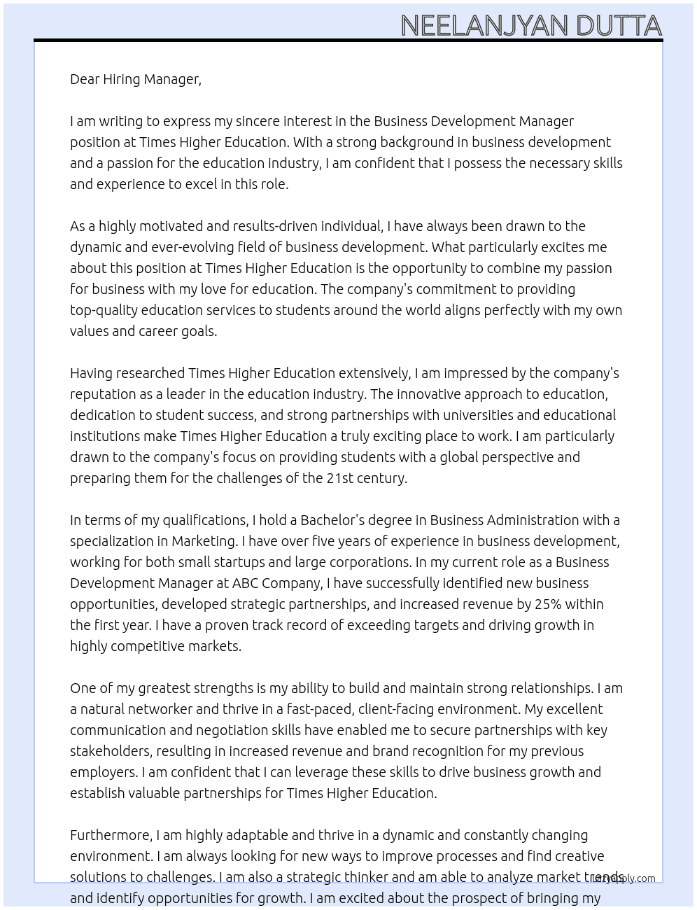 Business Development Manager  At Times Higher Education  Cover Letter