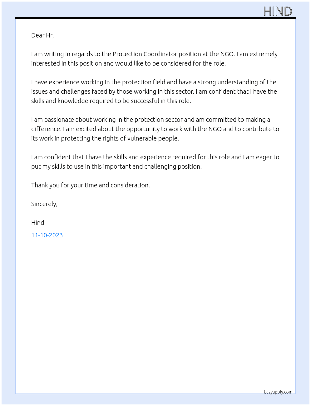 Protection Coordinator  At Protection Coordinator NGO  Cover Letter