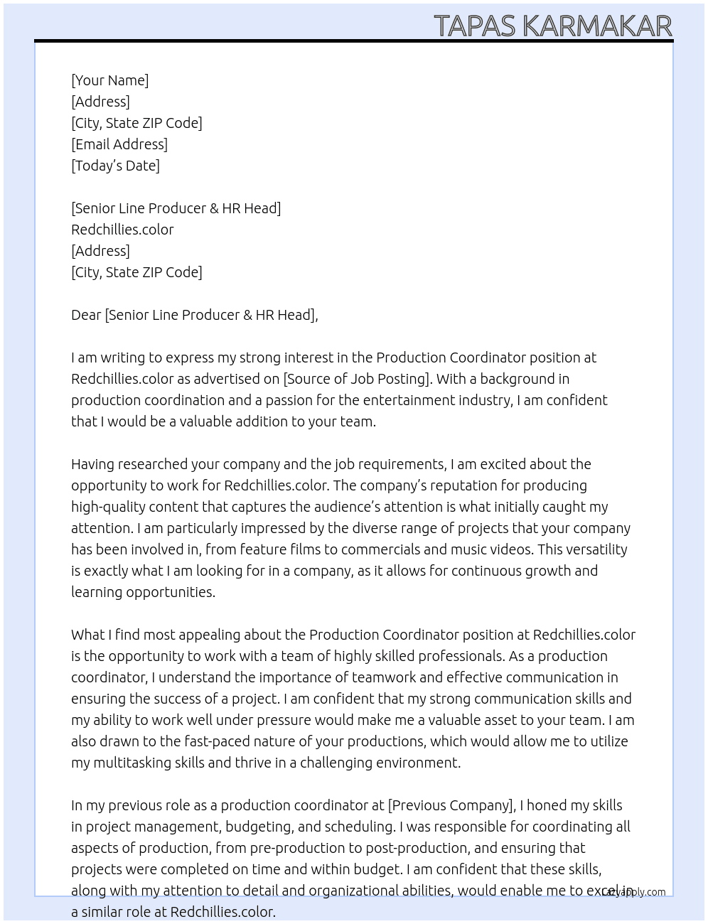 Production Coordinator At Redchillies.color Cover Letter