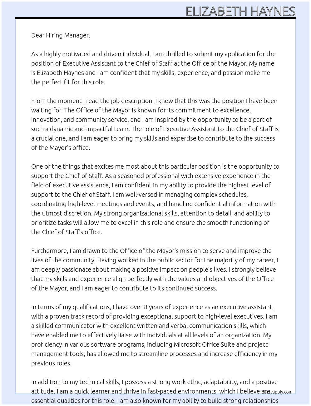 Executive Assistant to the Chief of Staff At Office of the Mayor Cover Letter