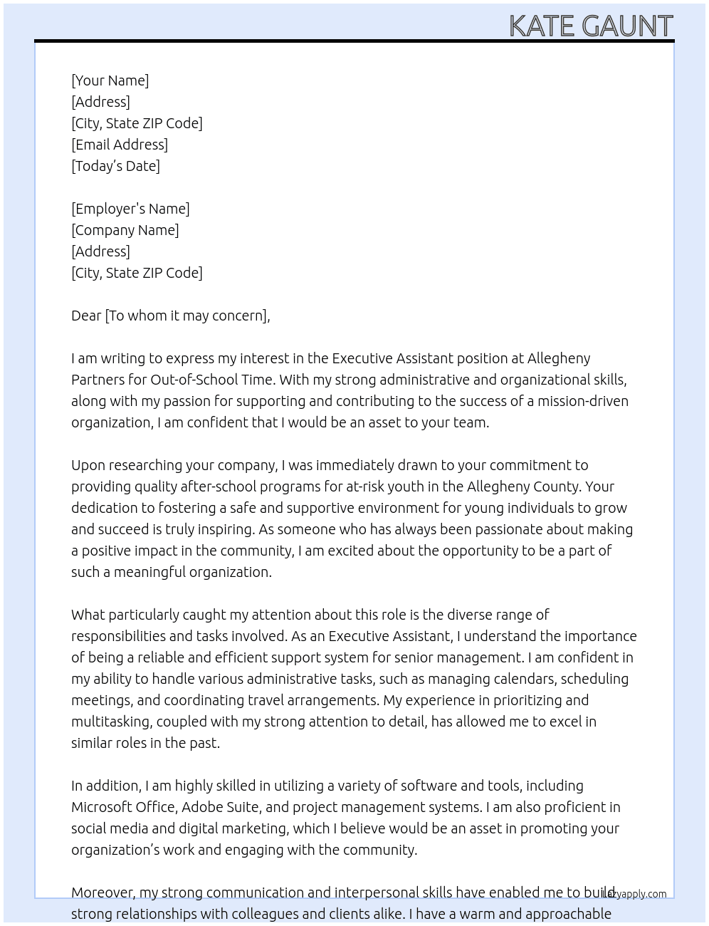 Executive Assistant At Allegheny Partners for Out-of-School Time Cover Letter