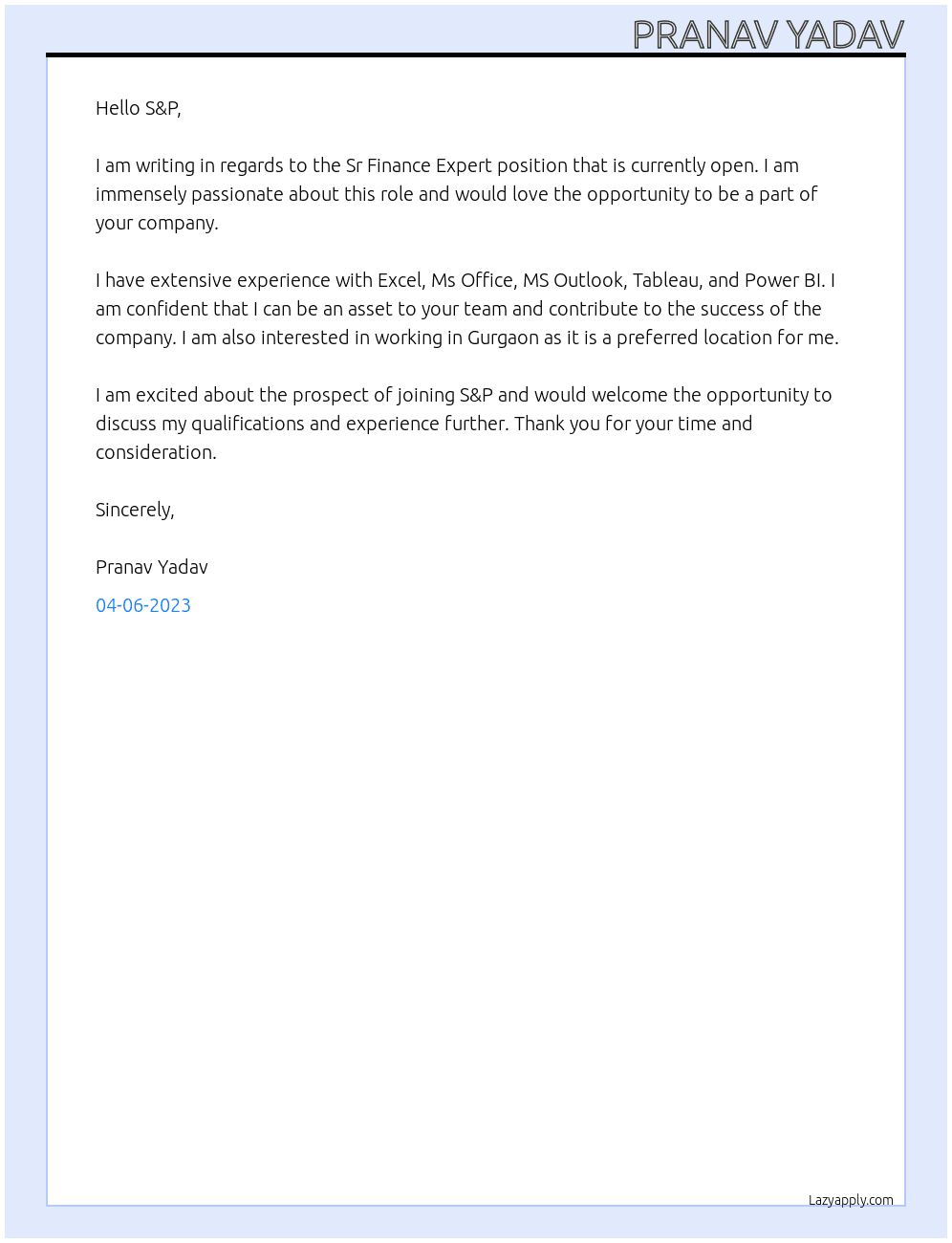 Sr Finance Expert At S&p Cover Letter