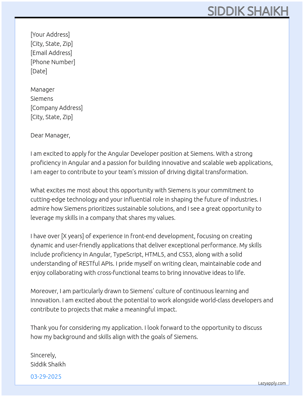 angular developer At Siemens Cover Letter