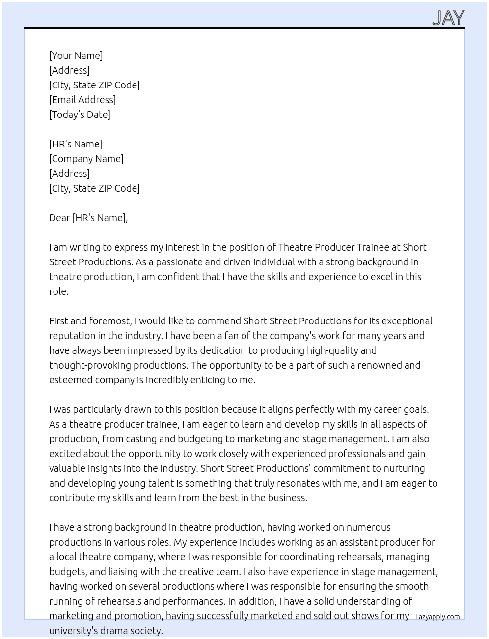 Theatre producer trainee At Short Street Productions Cover Letter