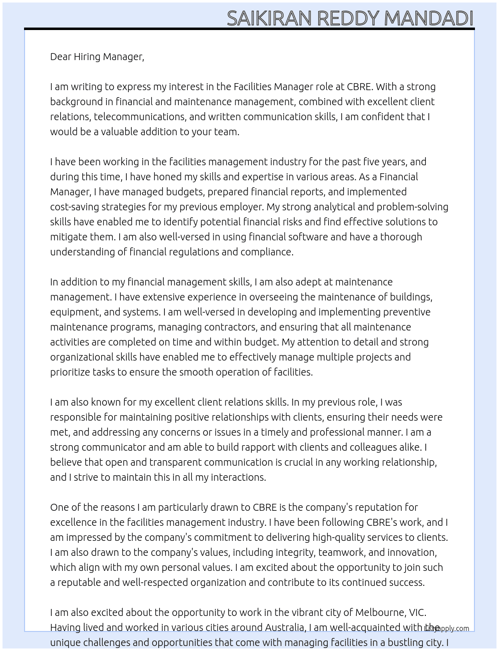Facilities Manager At CBRE Cover Letter