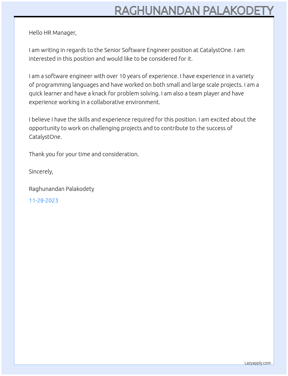 Senior Software Engineer At CatalystOne Cover Letter