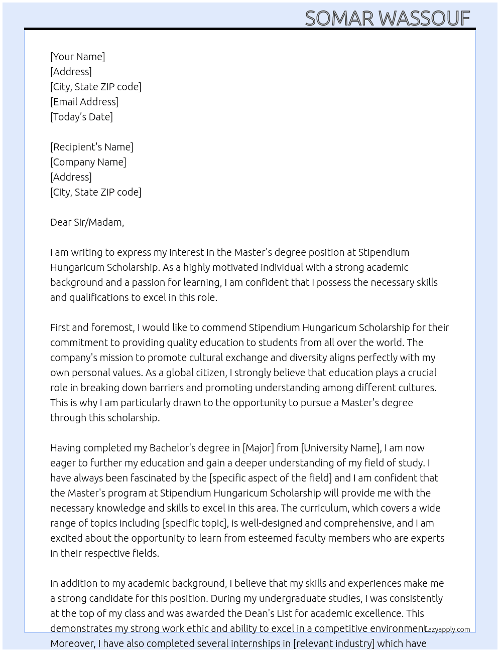 Master's degree At stipendiumhungaricum scholarship Cover Letter