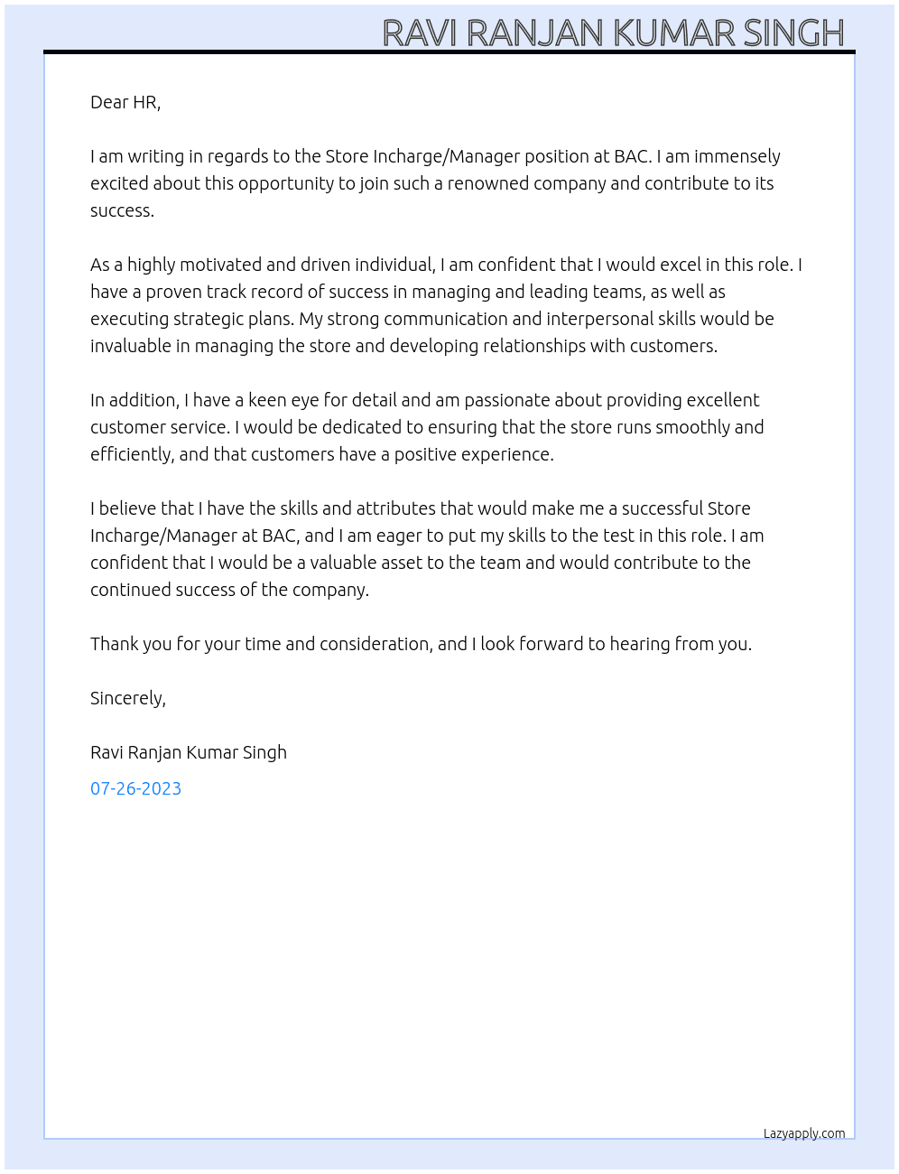 Store Incharge/Manager At BAC Cover Letter