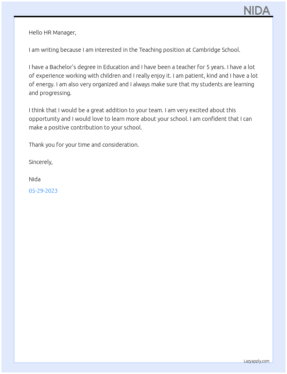 Teaching  At Cambridge school  Cover Letter