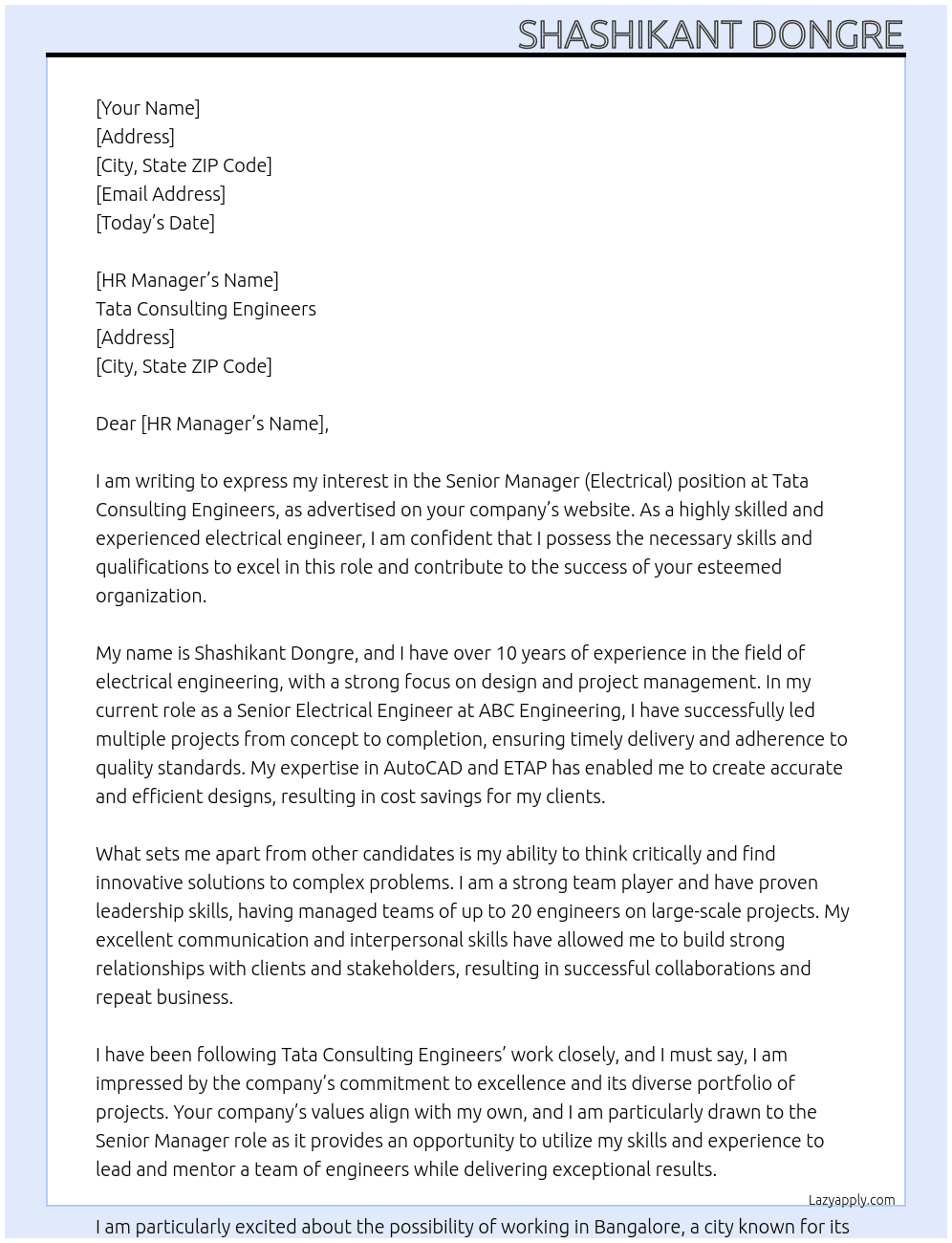 SENIOR MANAGER (ELECTRICAL) At TATA CONCULATING ENGINEERS Cover Letter