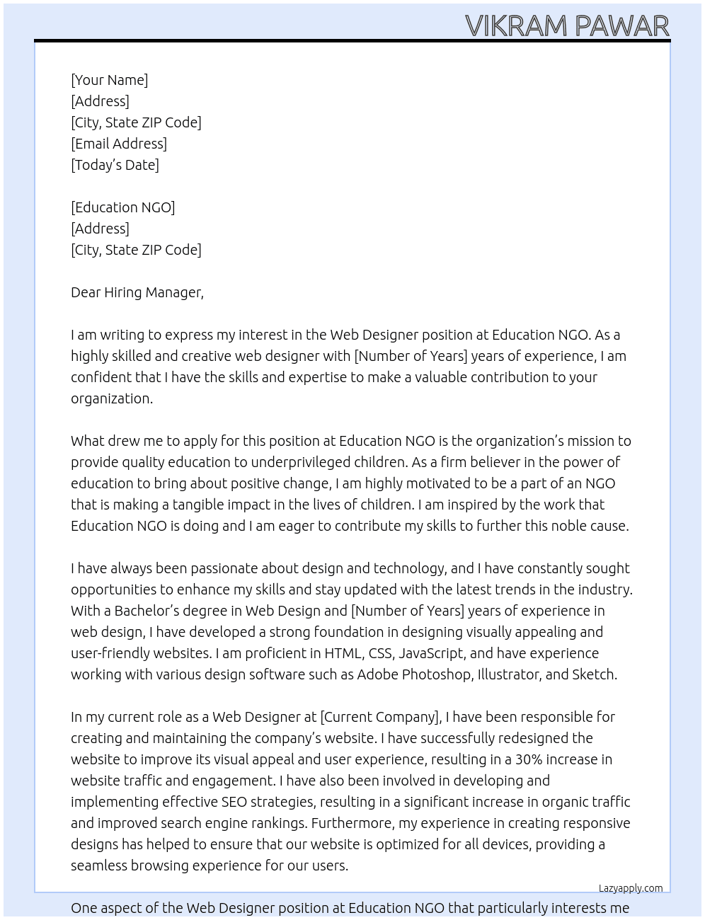 Web Designer At Education NGO Cover Letter