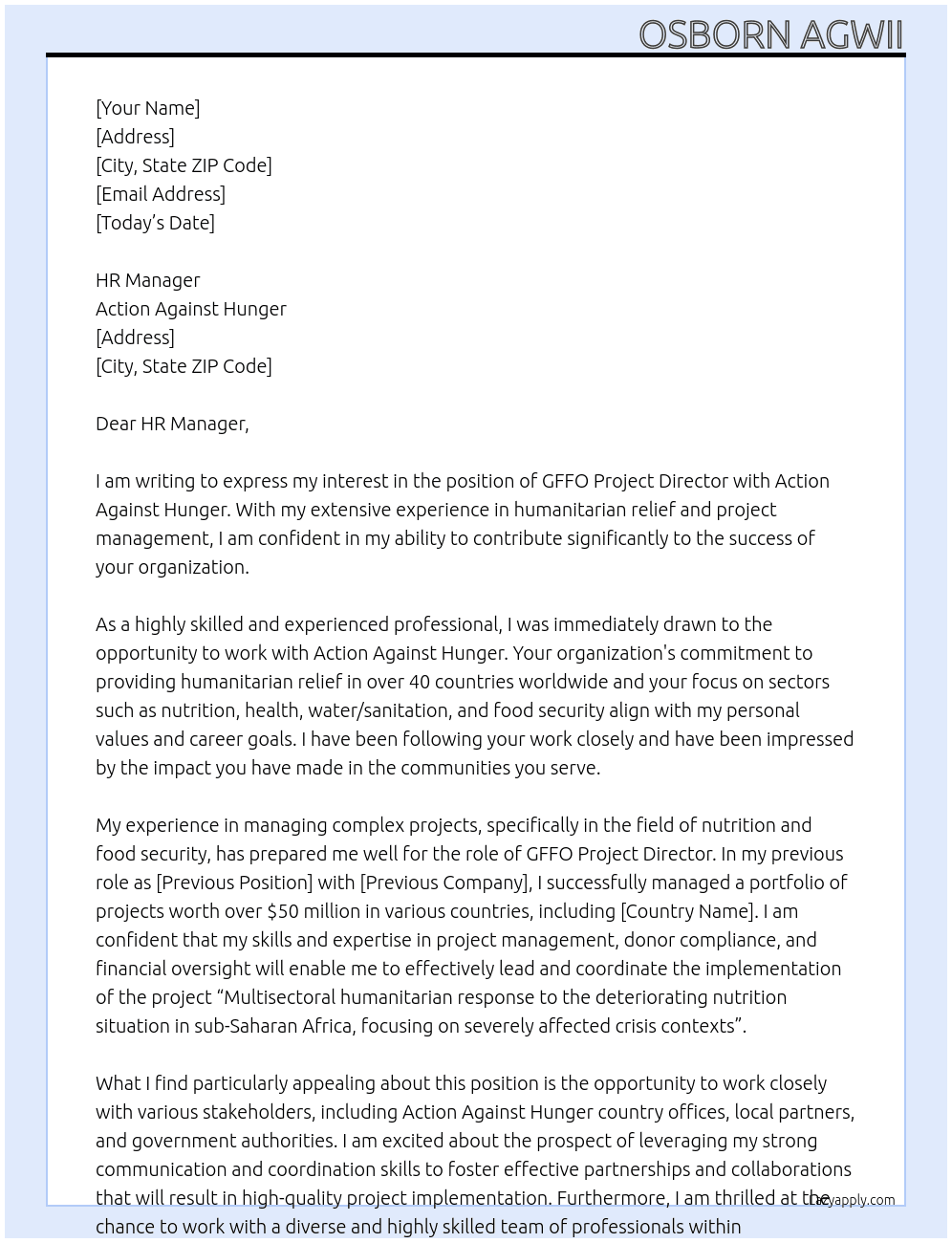 GFFO Project Director At Action Aginst Hunger Cover Letter